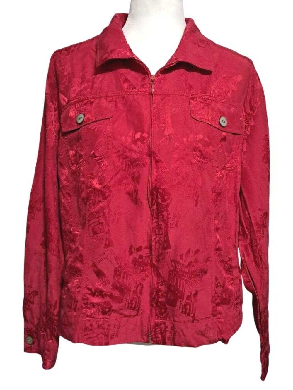 Chicos Silk Blend Jacket Women Size‎ 2 Large Red Textured Button Pockets Zip